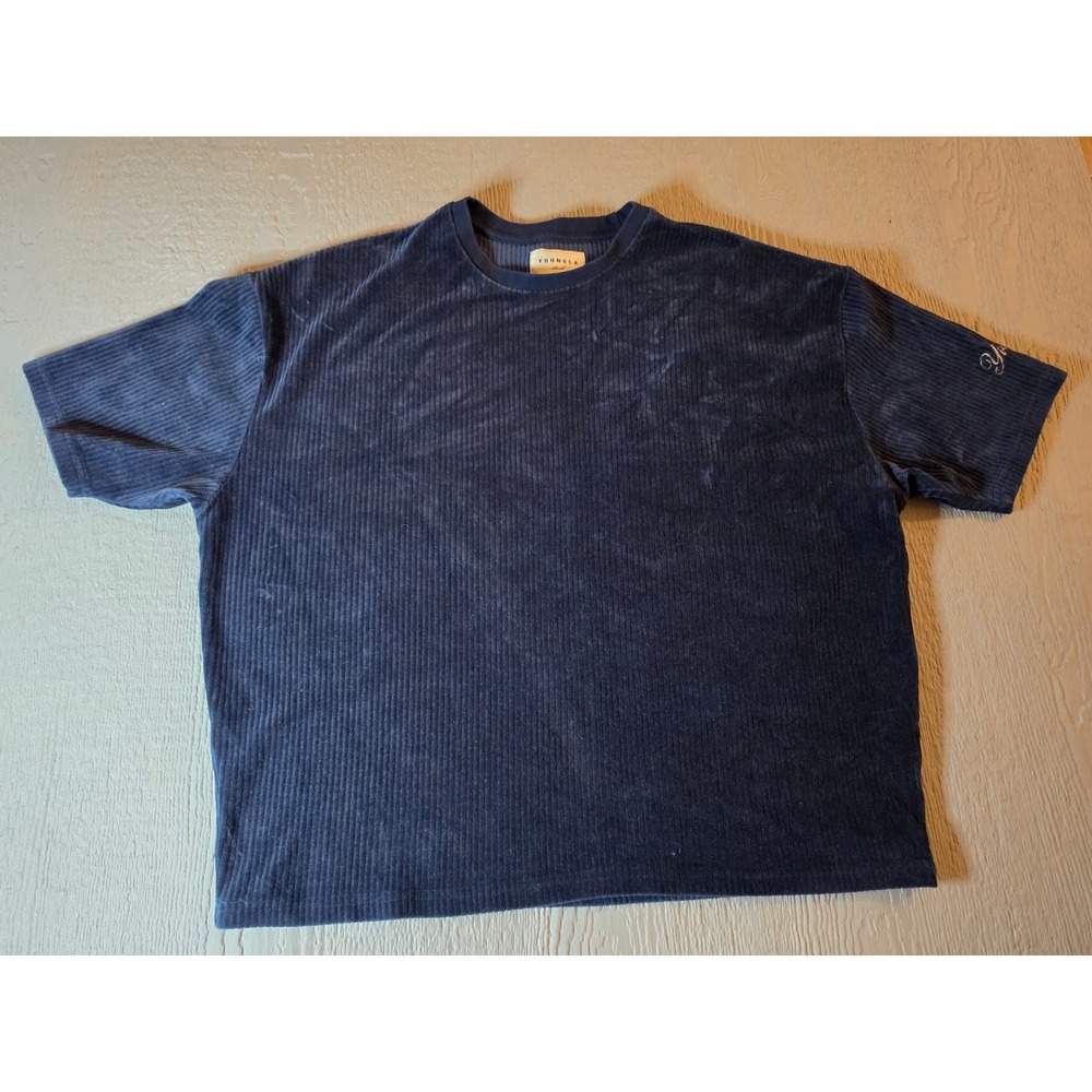 YoungLA 421 Ribbed Corduroy Short Sleeve Tee Navy Blue Oversized Small YLA2443